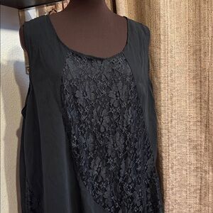 India Boutique, elegant black floral lace sleeveless asymmetrical top. Size 1X.